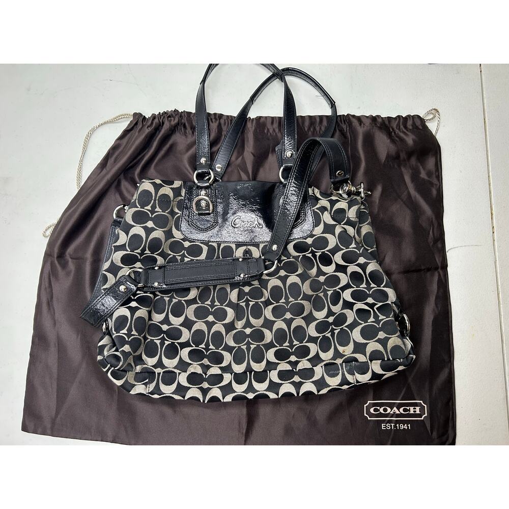 Coach Ashley Signature Canvas Handbag in Black and Gray.